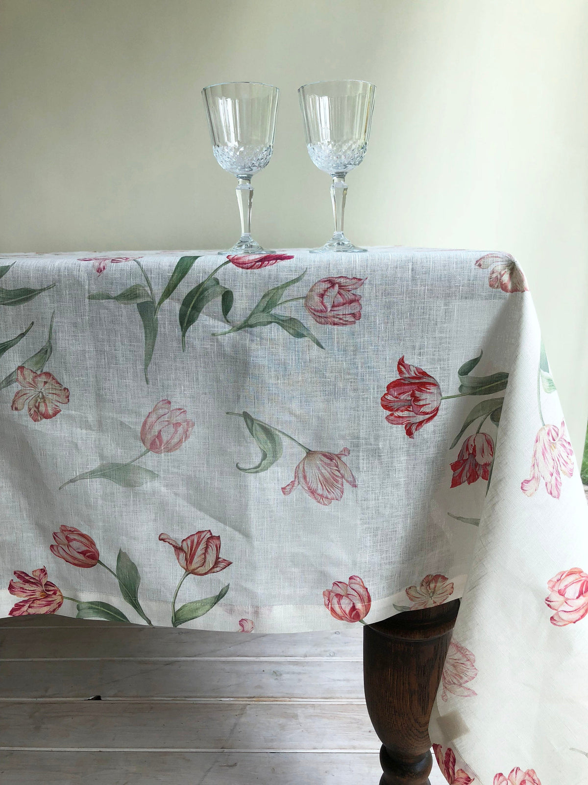 Extra Wide Linen Tablecloth with Tulip Print, Flower Table Cloth, Flower print tablecloth, square linen tablecloth, large linen tablecloth