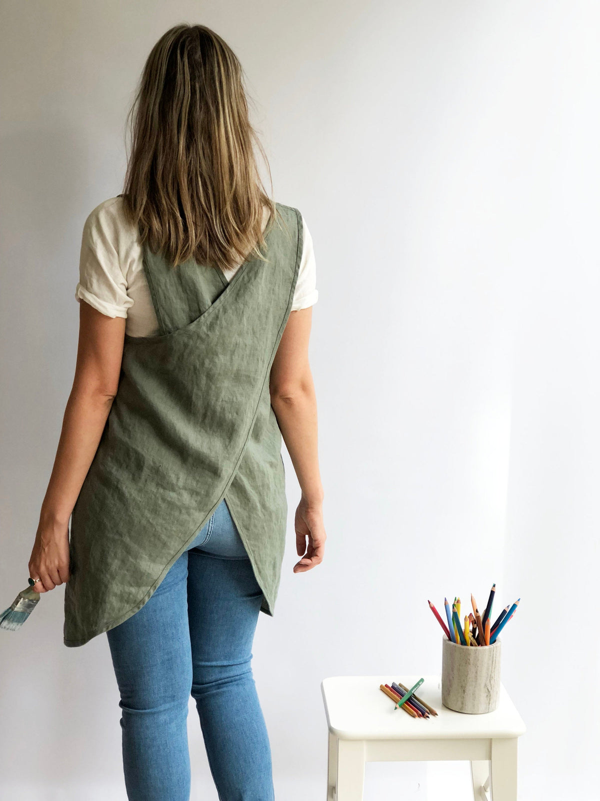 Crafts Apron, Linen Pinafore Apron, Linen Smock Apron, Pinafore Apron Woman, Square-Cross Apron, no-ties apron, Japanese apron, Apron dress