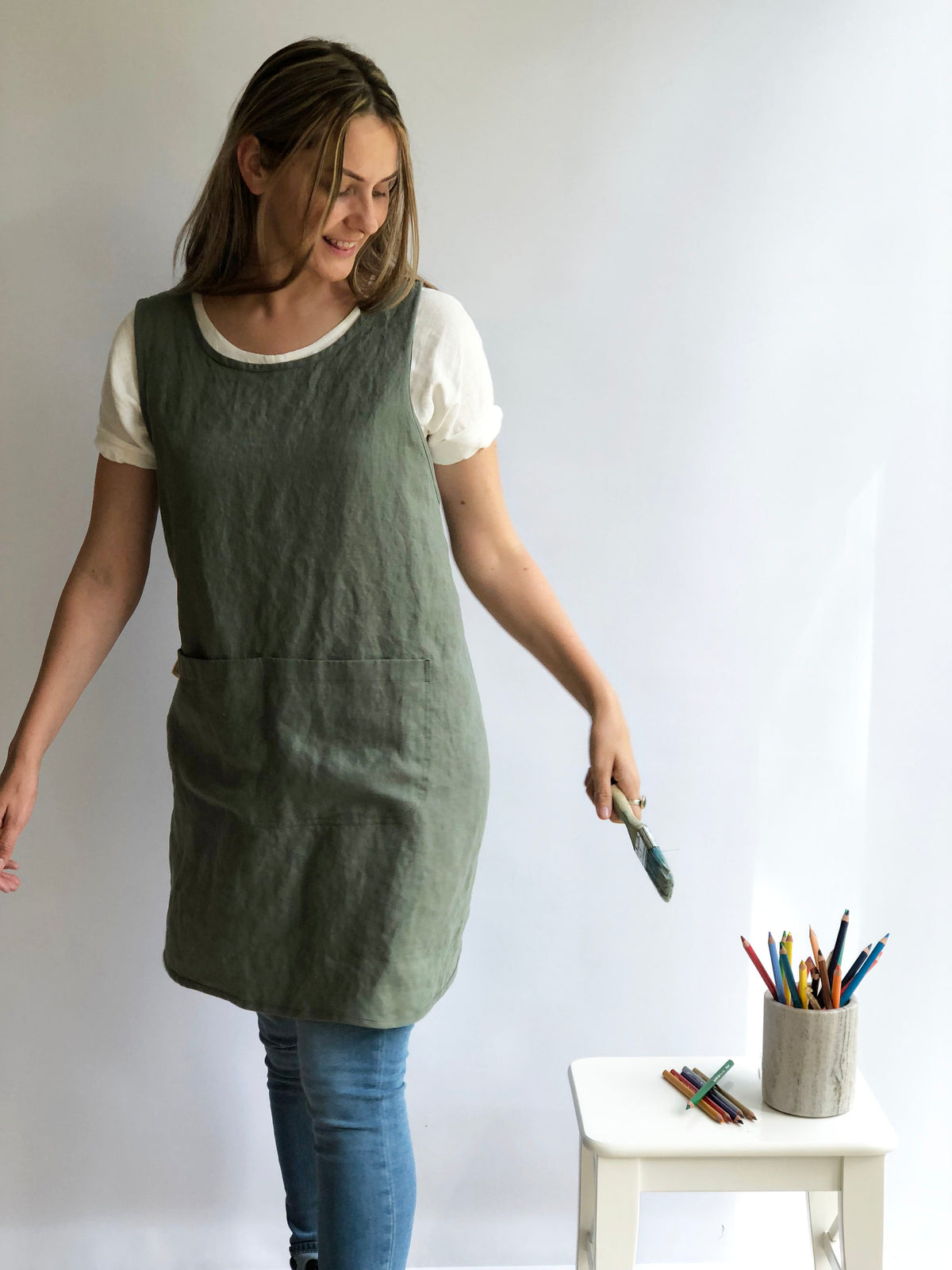 Crafts Apron, Linen Pinafore Apron, Linen Smock Apron, Pinafore Apron Woman, Square-Cross Apron, no-ties apron, Japanese apron, Apron dress