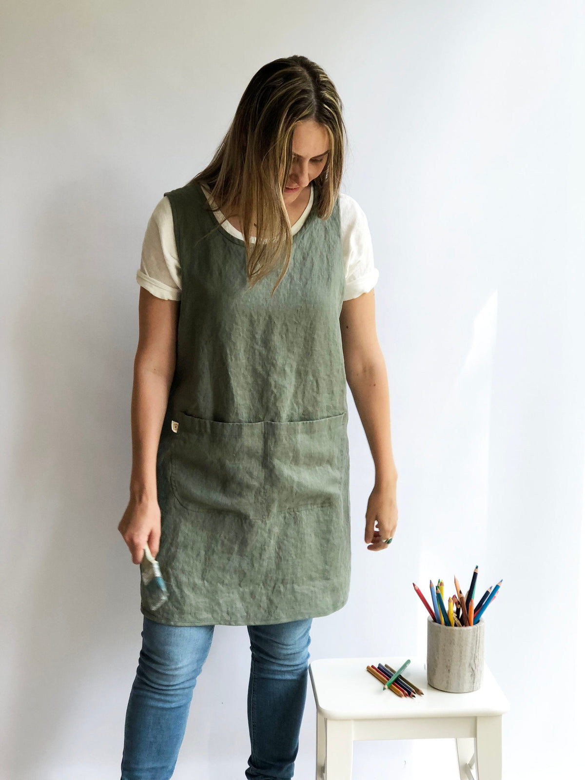 Crafts Apron, Linen Pinafore Apron, Linen Smock Apron, Pinafore Apron Woman, Square-Cross Apron, no-ties apron, Japanese apron, Apron dress