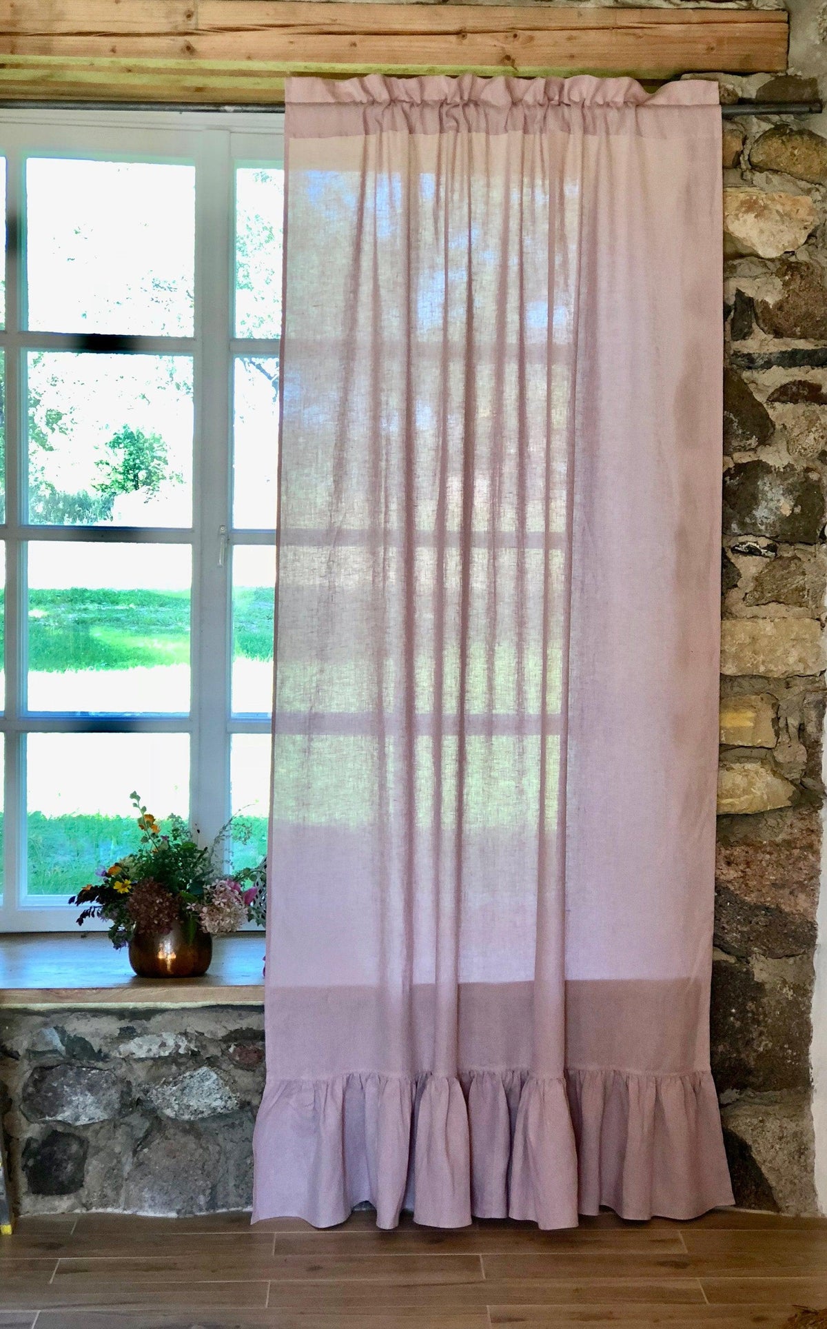 Linen Curtain Panel with Ruffle, Dusty Pink Window Curtains, Linen Drapes, Linen Curtains, Curtain Panels, Boho