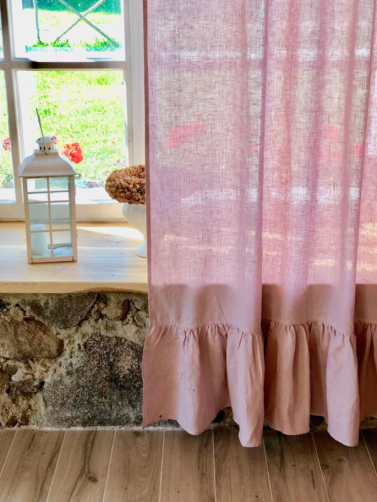 Linen Curtain Panel with Ruffle, Dusty Pink Window Curtains, Linen Drapes, Linen Curtains, Curtain Panels, Boho
