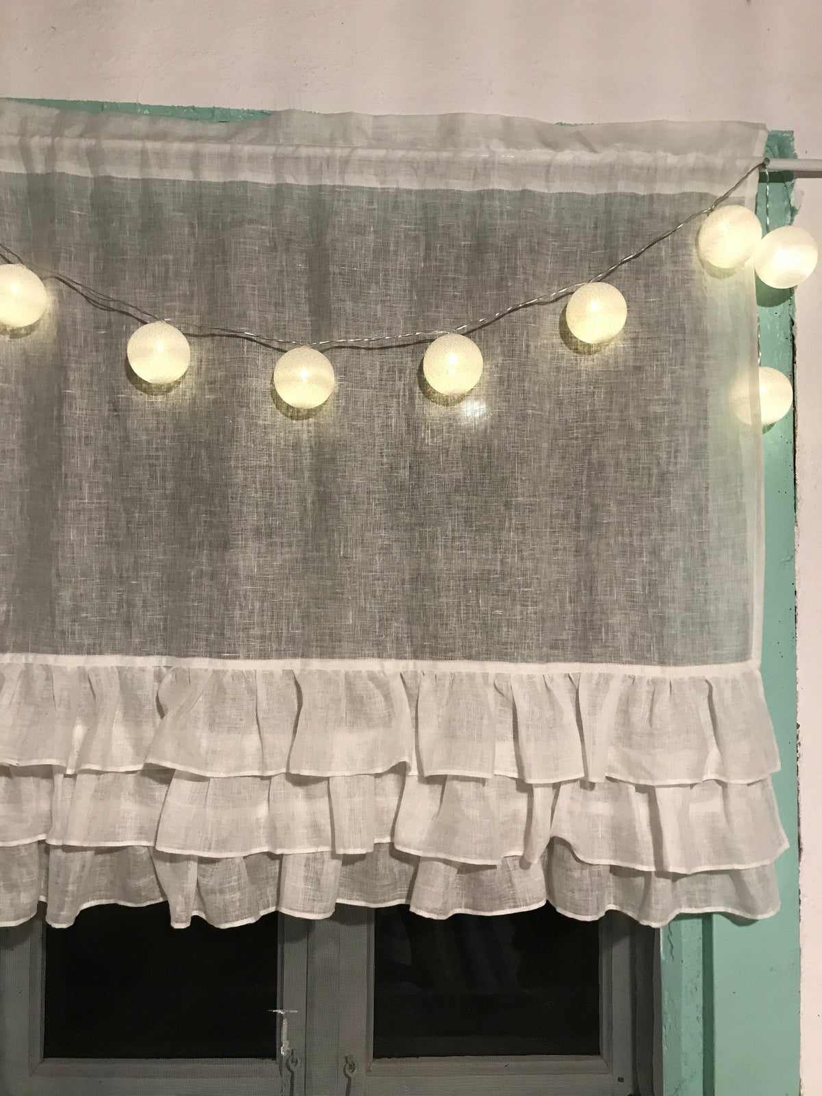 White Linen Curtain with Ruffles, Richly Ruffled Linen Valance, Three layers of Ruffle, Linen Kitchen Curtain, Romantic Linen Curtain Shabby