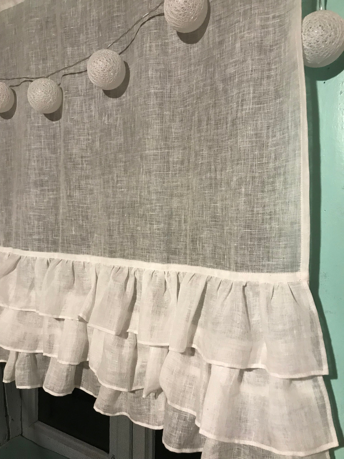 White Linen Curtain with Ruffles, Richly Ruffled Linen Valance, Three layers of Ruffle, Linen Kitchen Curtain, Romantic Linen Curtain Shabby