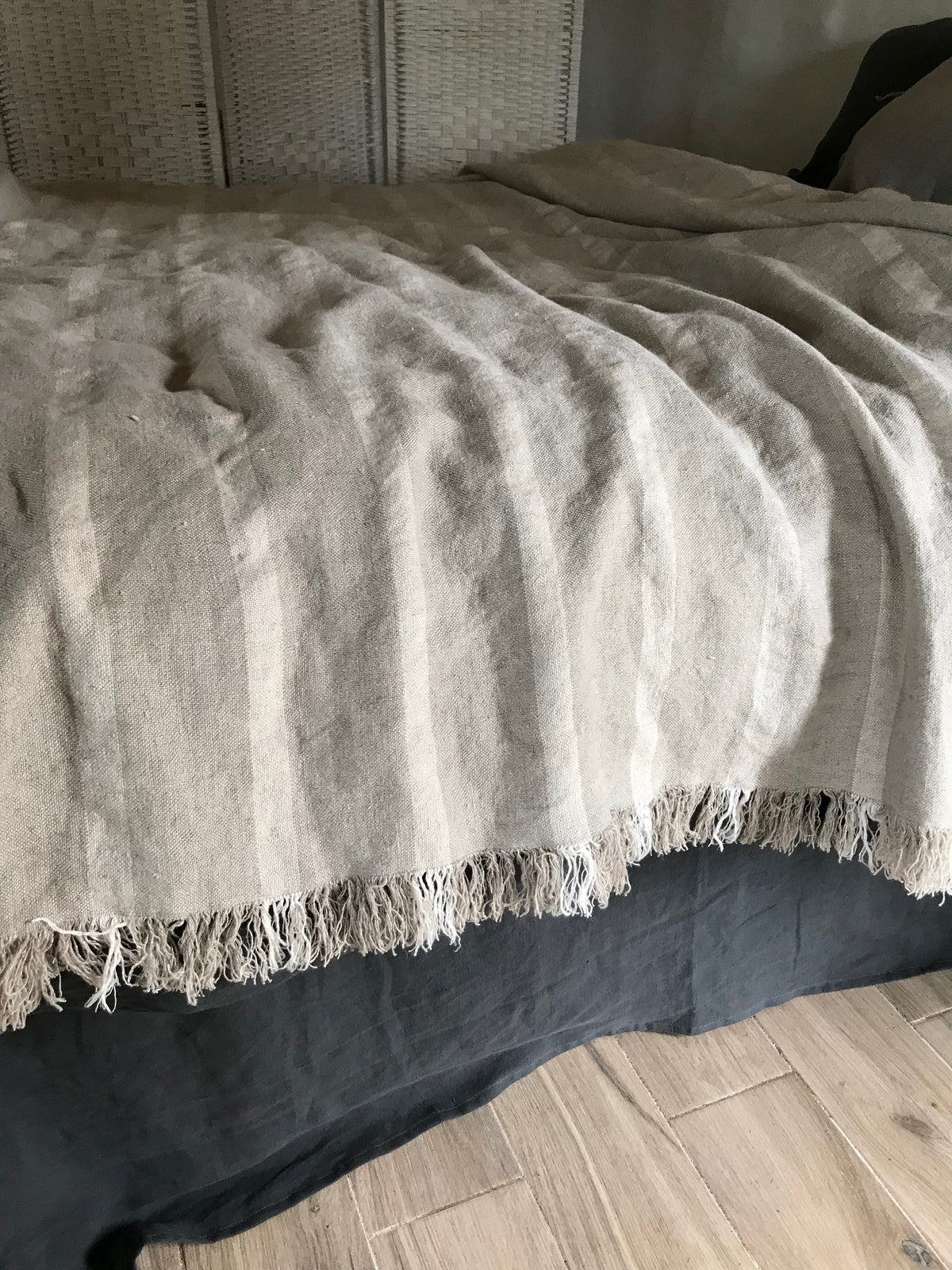 Linen bed throw with fringes,light stripped bed cover, linen bed cover, linen blanket,blanket, summer blanket, decorative throw