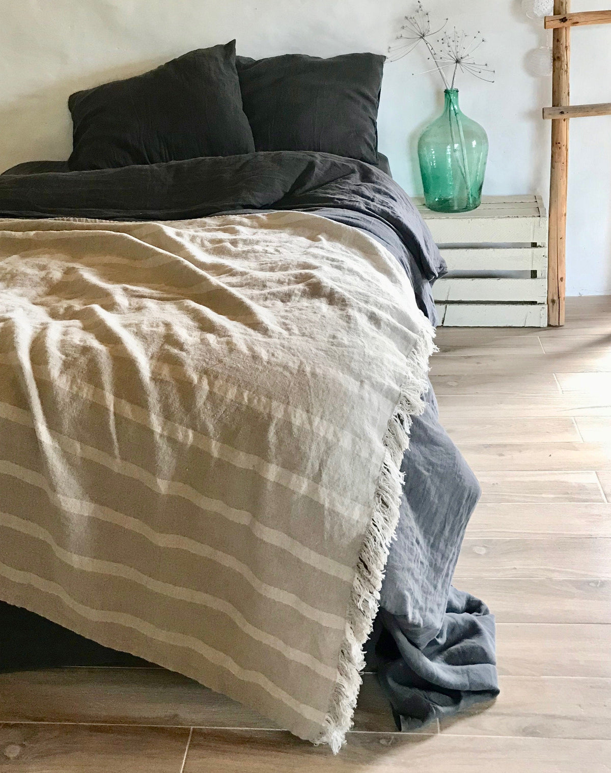 Linen bed throw with fringes,light stripped bed cover, linen bed cover, linen blanket,blanket, summer blanket, decorative throw