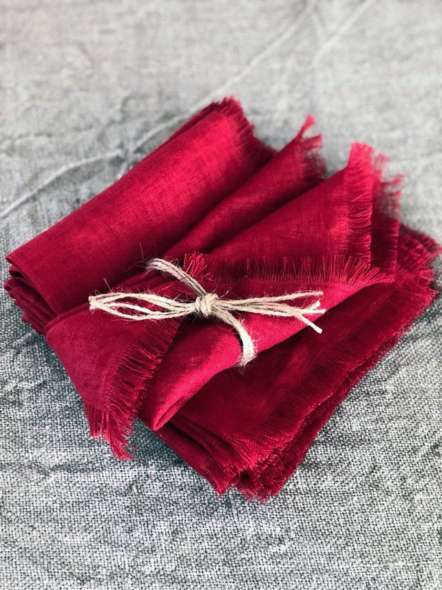 Green Linen Napkins with Frayed Edges, Napkins, Christmas table, Set of Six Natural Cloth Napkins, Cloth Dining Napkins, Frayed Napkins