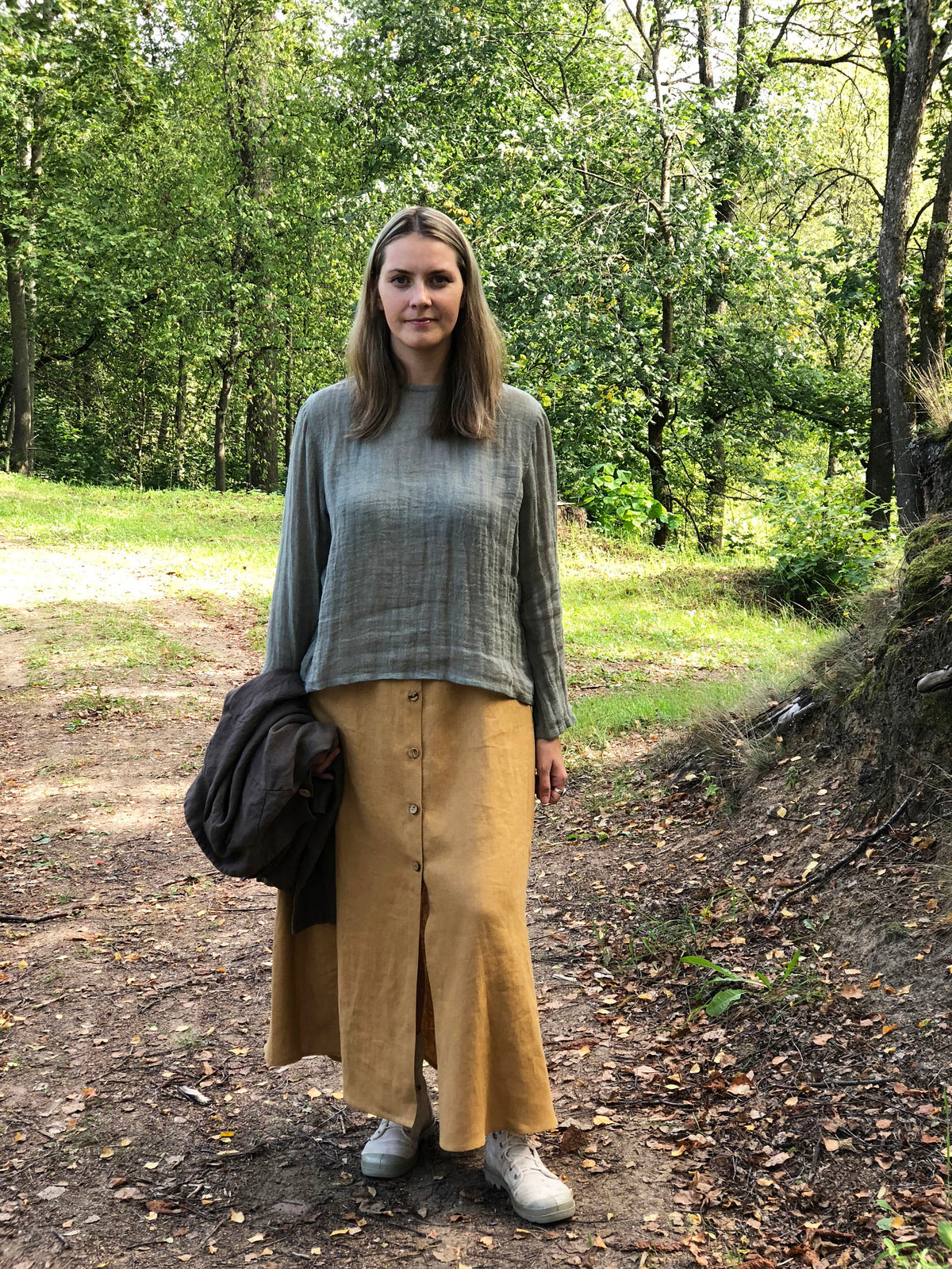 スカート Uhr/ Linen Big Button Skirt/ BROWN Brown Button Down Midi Skirt, A Line Skirt, Women Button