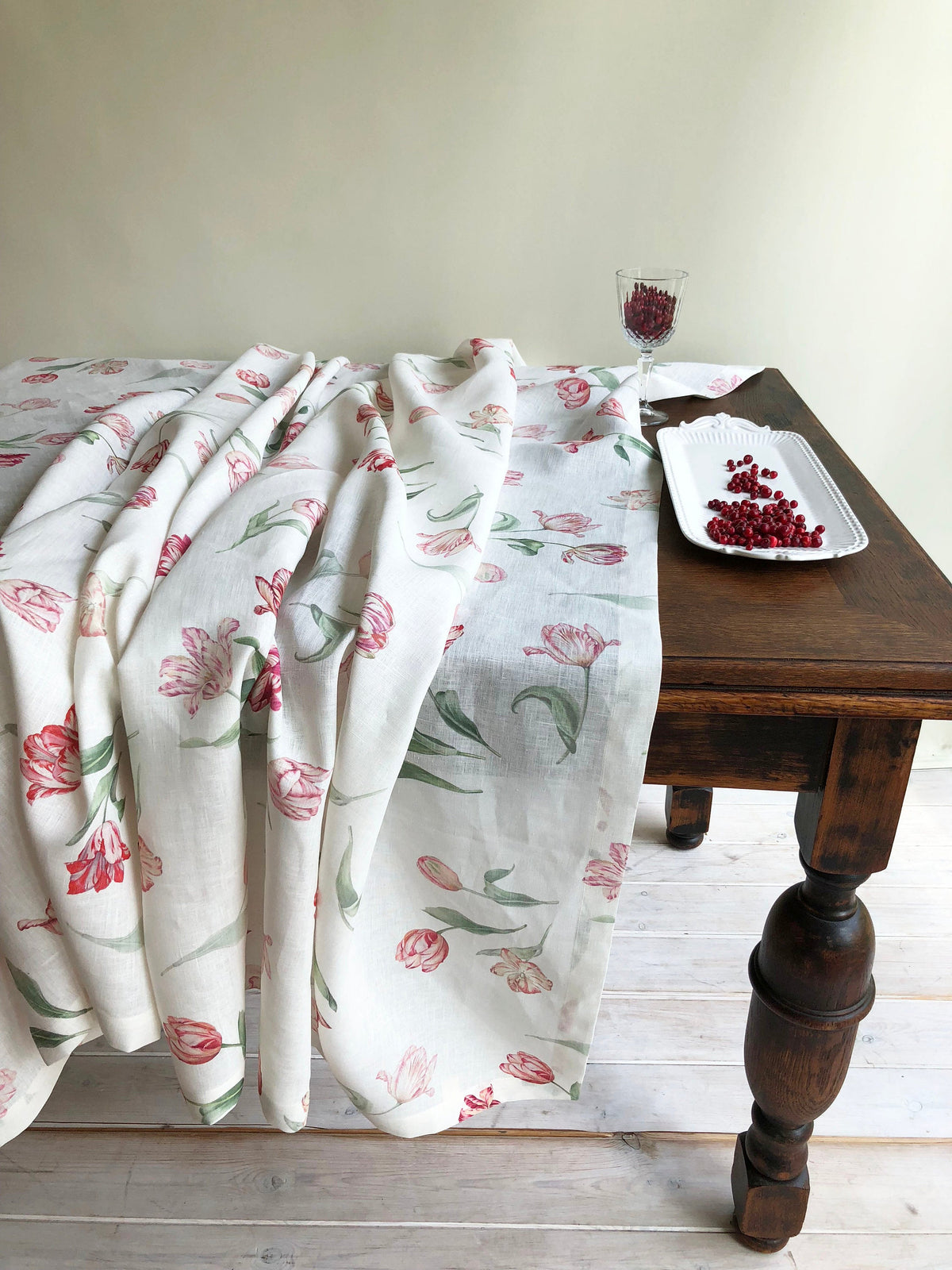 Extra Wide Linen Tablecloth with Tulip Print, Flower Table Cloth, Flower print tablecloth, square linen tablecloth, large linen tablecloth