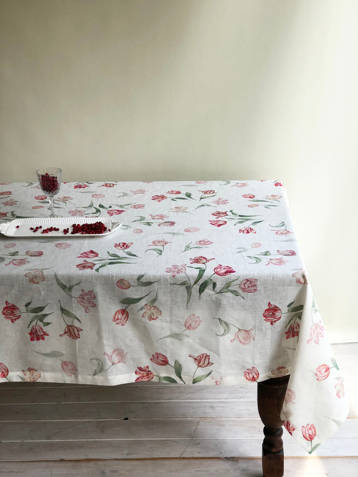 Extra Wide Linen Tablecloth with Tulip Print, Flower Table Cloth, Flower print tablecloth, square linen tablecloth, large linen tablecloth