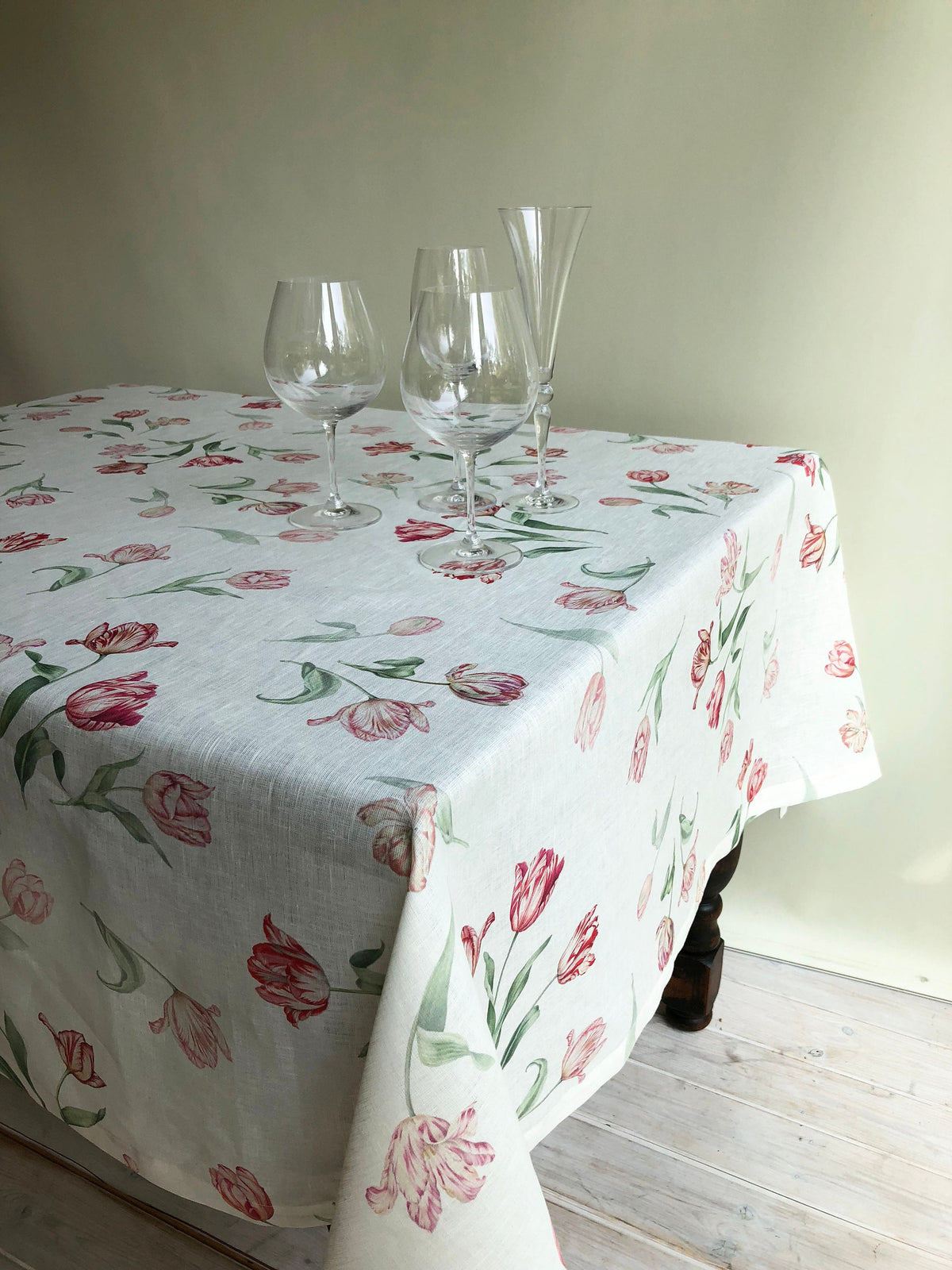Extra Wide Linen Tablecloth with Tulip Print, Flower Table Cloth, Flower print tablecloth, square linen tablecloth, large linen tablecloth