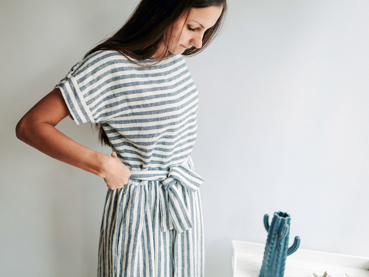 vallan ＊ Crossback Striped Linen Dress Lorena Striped Linen Maxi Dress – 12th Tribe