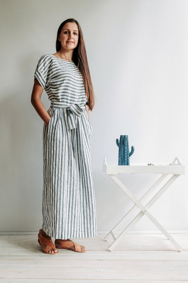 vallan * Crossback Striped Linen Dress Long Linen Dress with Belt