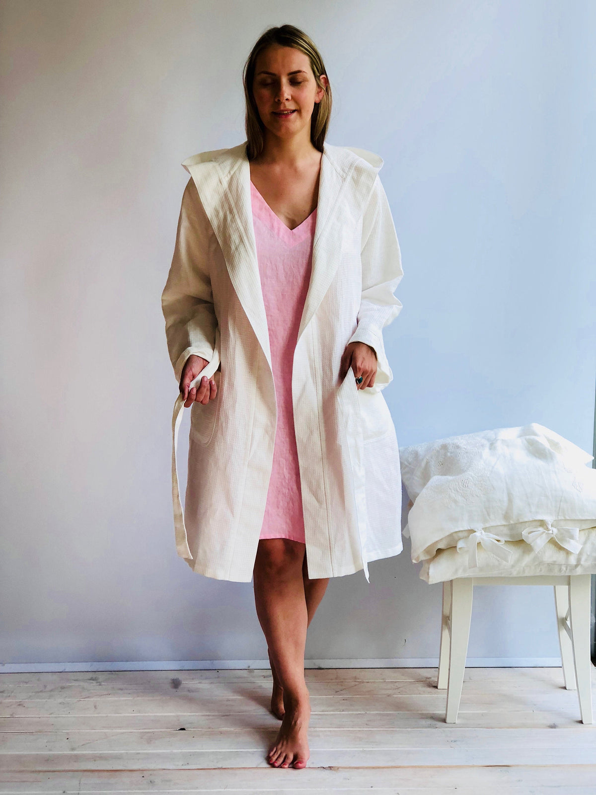 White Linen robe &amp;quot;Veronica&amp;quot;, Waffle Robe, Kimono robe, robe coverup, Hooded Robe, linen bath robe, morning dress, women robe