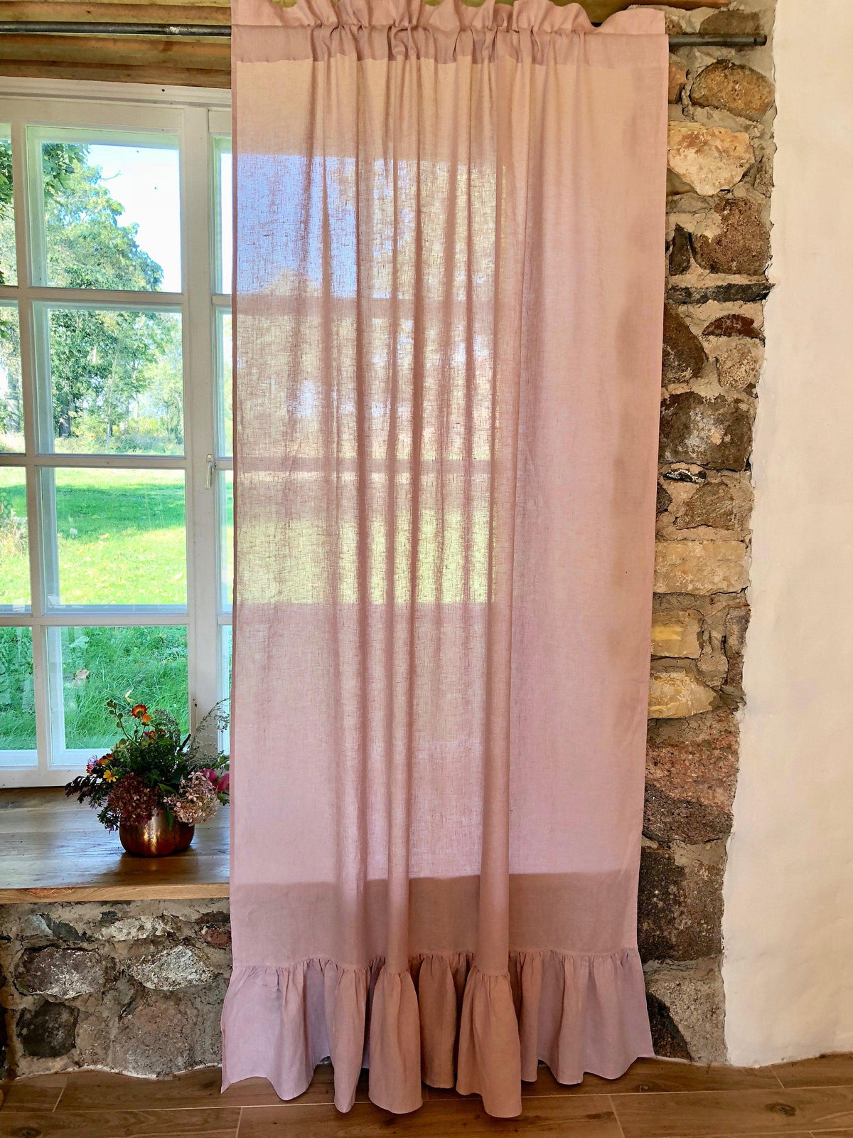 Linen Curtain Panel With Ruffle Dusty Pink Window Curtains Linenbee