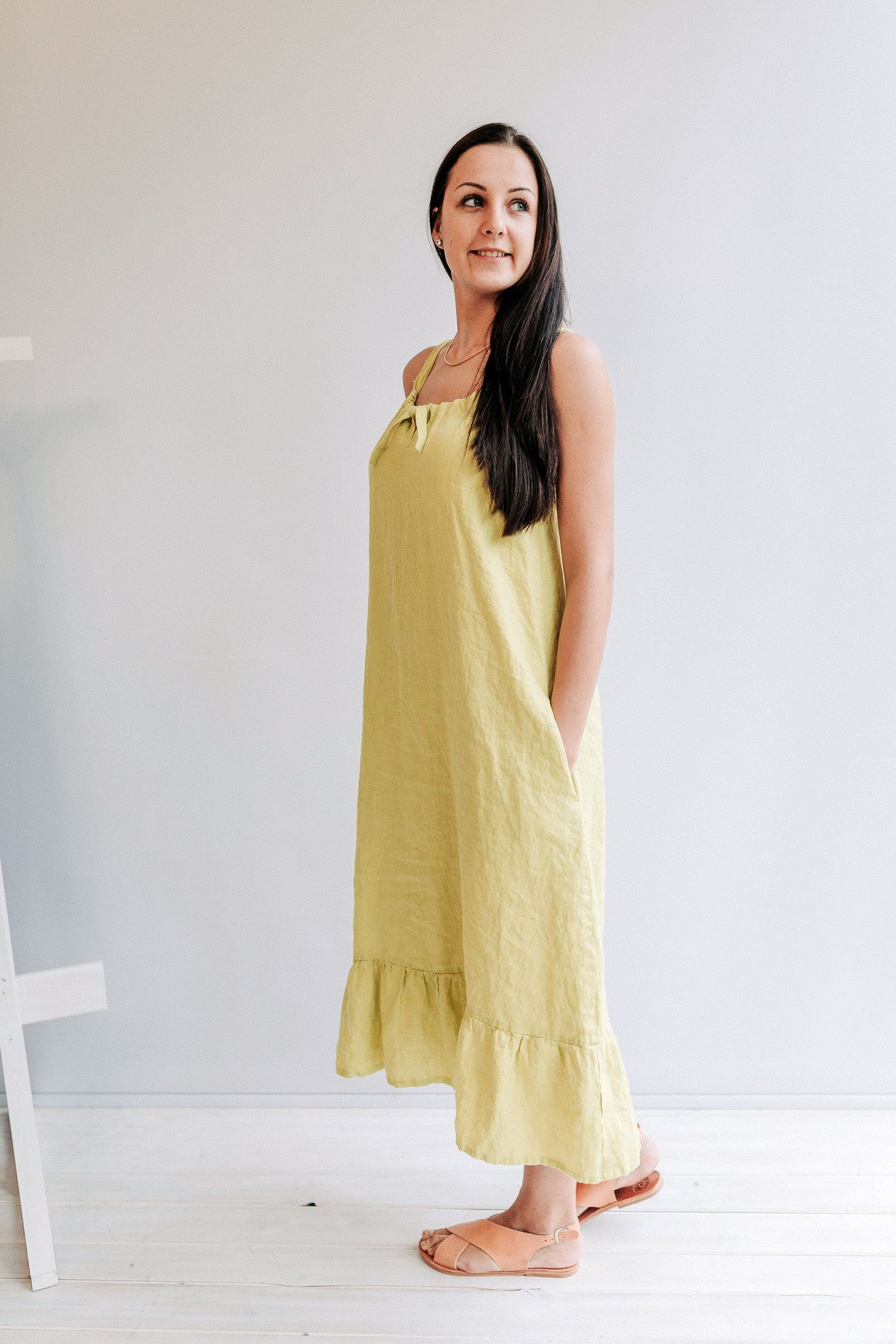 Drawstring dress with Ruffle &amp;quot;Eleonor&amp;quot; Sleeveless Midi Dress, Pinafore Dress, Sundress Linen Dress for Woman, Linen Midi Dress Ruffled Dress