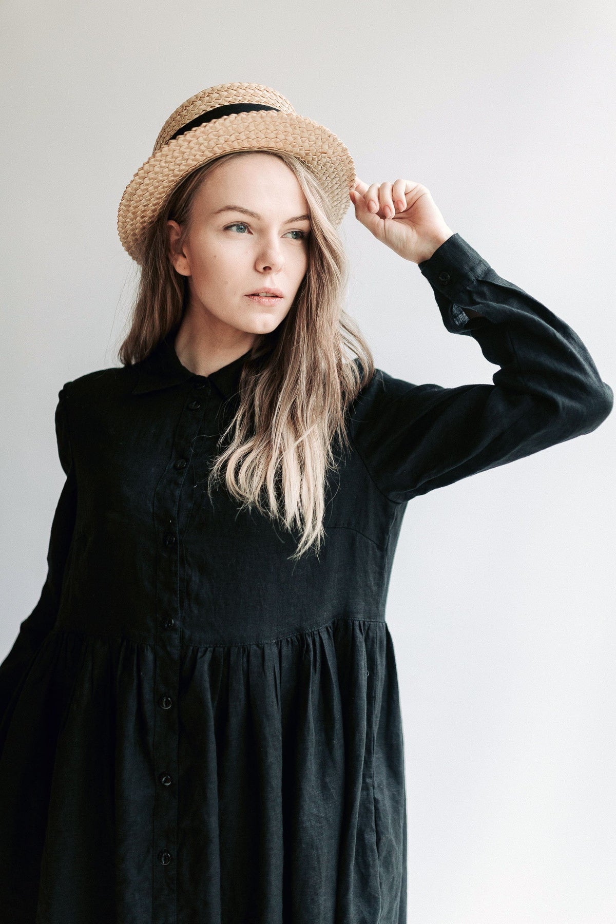 Linen Smock 'Lisa' with Long Sleeves, Button Up Dress - Linenbee Linen Smock 'Lisa' with Long Sleeves, Button Up Dress - Linenbee