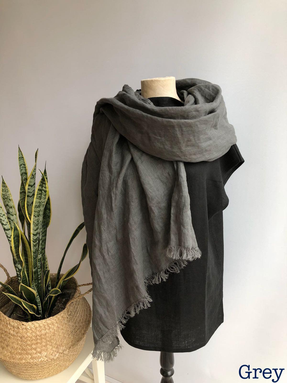 Dark Grey Oversized Scarf, Linen Shawl - Linenbee