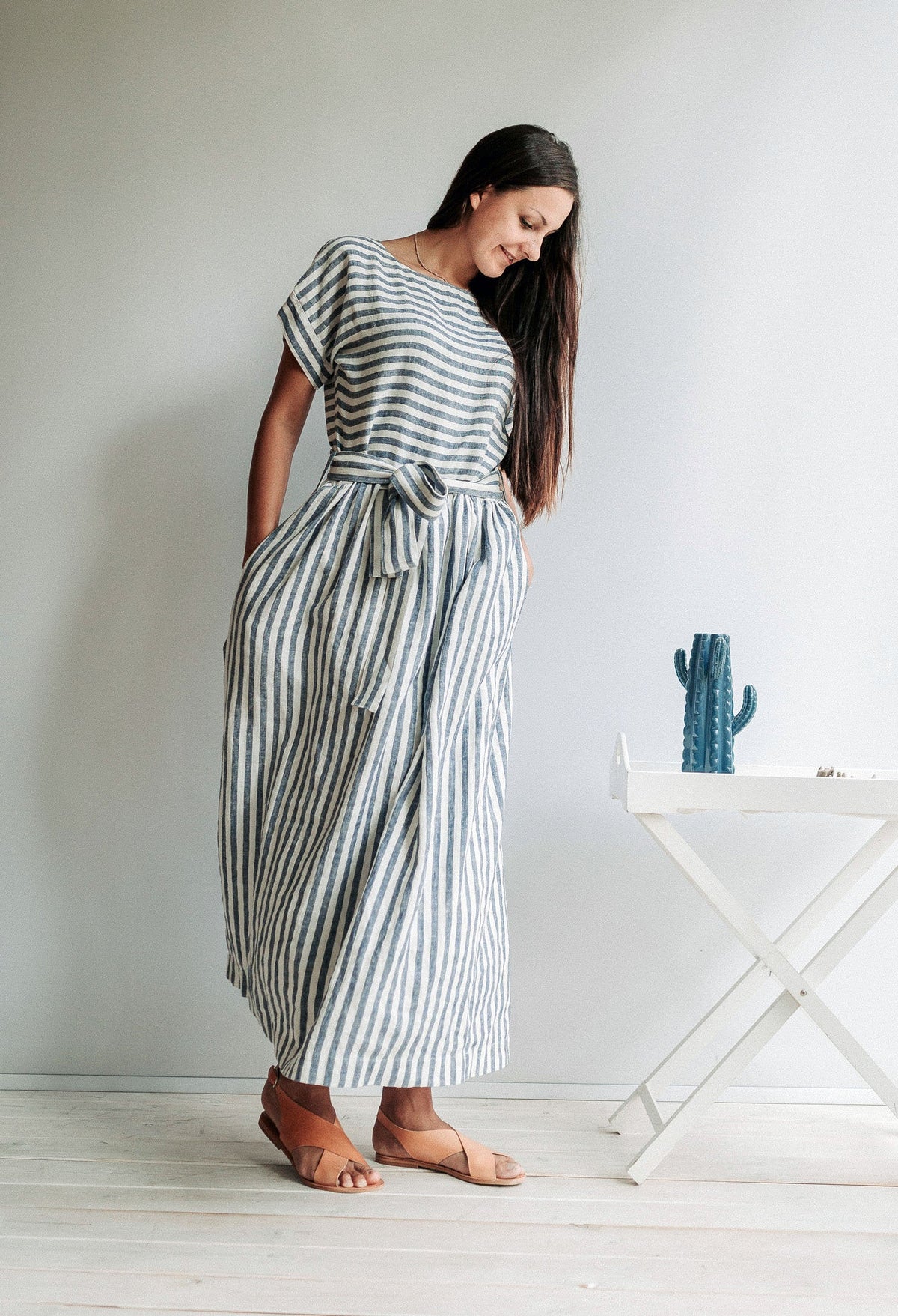 Long Linen Dress with Belt "Aurelia", Linen Maxi Dress - Linenbee Long Linen Dress with Belt "Aurelia", Linen Maxi Dress - Linenbee