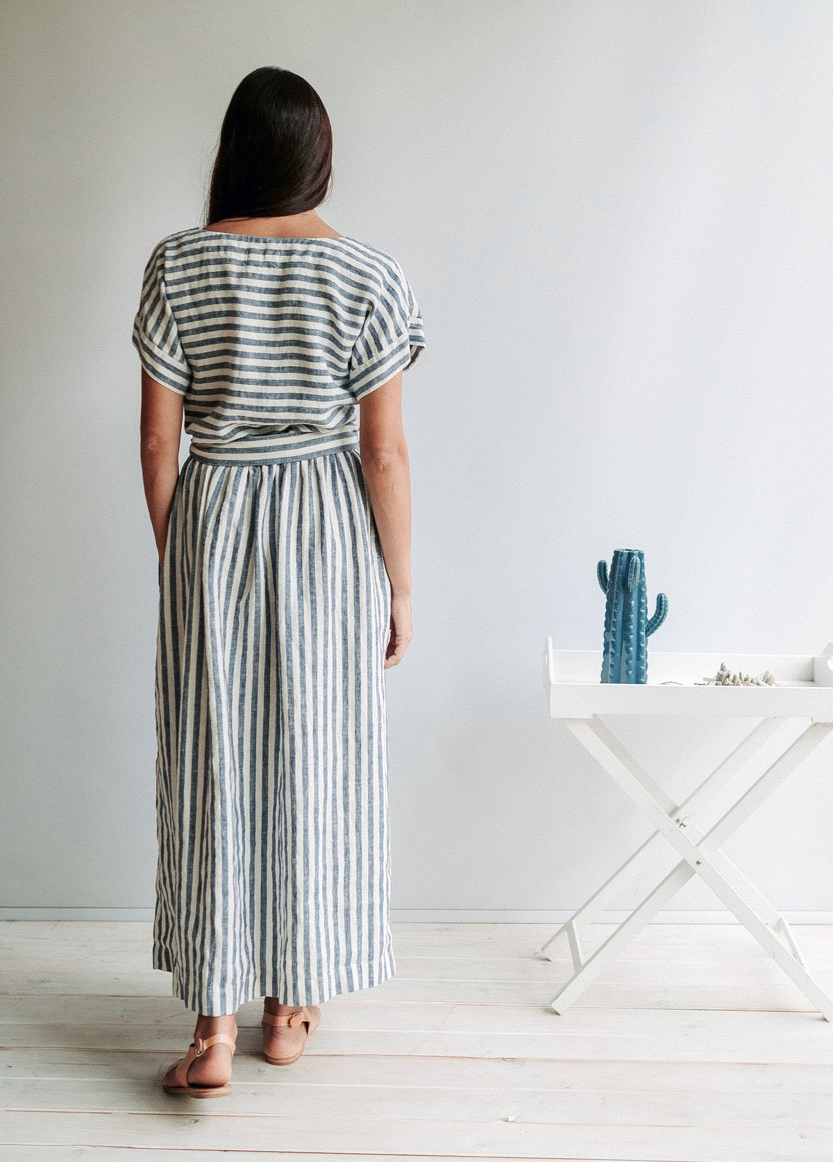vallan ＊ Crossback Striped Linen Dress Long Linen Dress with Belt 