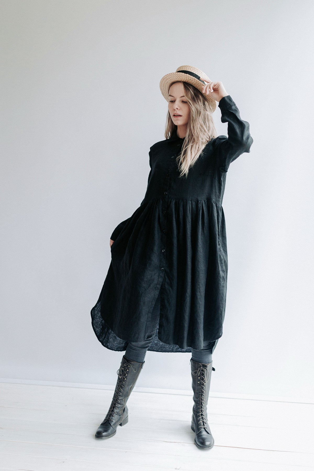 Linen Smock 'Lisa' with Long Sleeves, Button Up Dress - Linenbee Linen Smock 'Lisa' with Long Sleeves, Button Up Dress - Linenbee