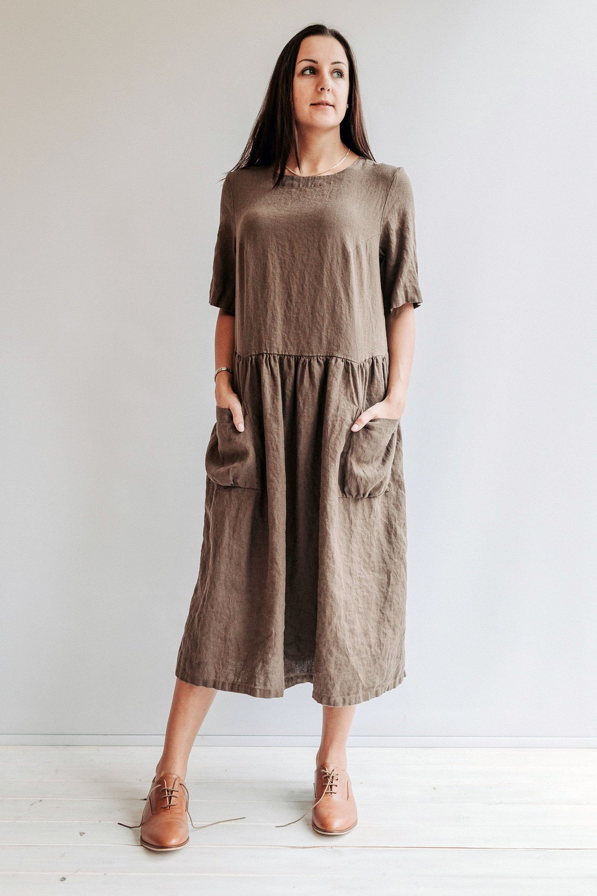 Loose Linen Dress "Jane" with Pockets, Midi length dress - Linenbee Loose Linen Dress "Jane" with Pockets, Midi length dress - Linenbee