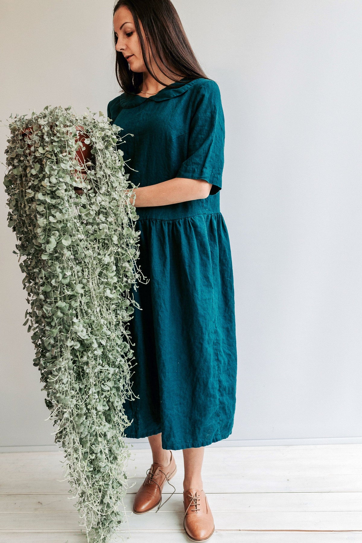 Linen Dress with Peter Pan Collar &amp;quot;Melody&amp;quot;, Midi length dress, Womens Linen Dress, Oversized Dress, Plus Size Dress, Maxi Length Dress Loose