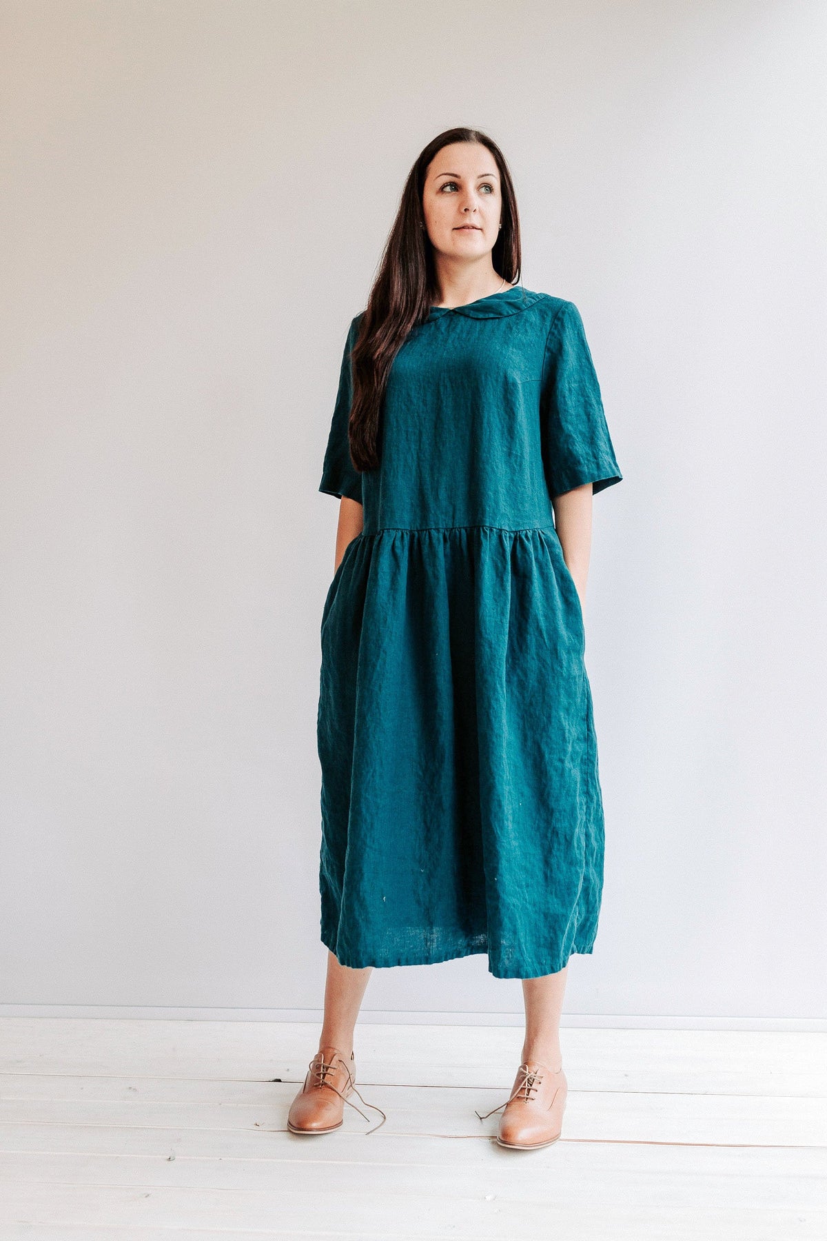 Linen Dress with Peter Pan Collar &amp;quot;Melody&amp;quot;, Midi length dress, Womens Linen Dress, Oversized Dress, Plus Size Dress, Maxi Length Dress Loose