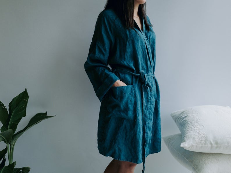 Ready to Ship: Size L/XL Linen robe, Linen bath robe, Linen sleep wear, Women robe, Soft Linen Robe Women, Robe for bride, Spa Robe