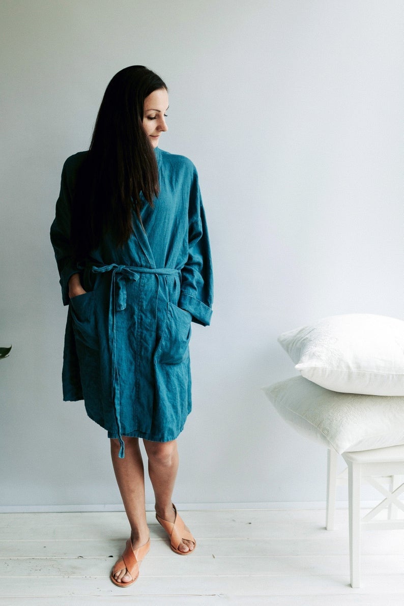 Ready to Ship: Size L/XL Linen robe, Linen bath robe, Linen sleep wear, Women robe, Soft Linen Robe Women, Robe for bride, Spa Robe