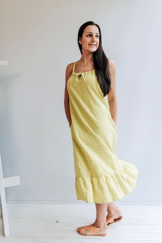 Ready to Ship: Drawstring dress with Ruffle &amp;quot;Eleonor&amp;quot; , Size M, Sleeveless Midi Dress, Pinafore Dress, Sundress Linen Dress for Woman