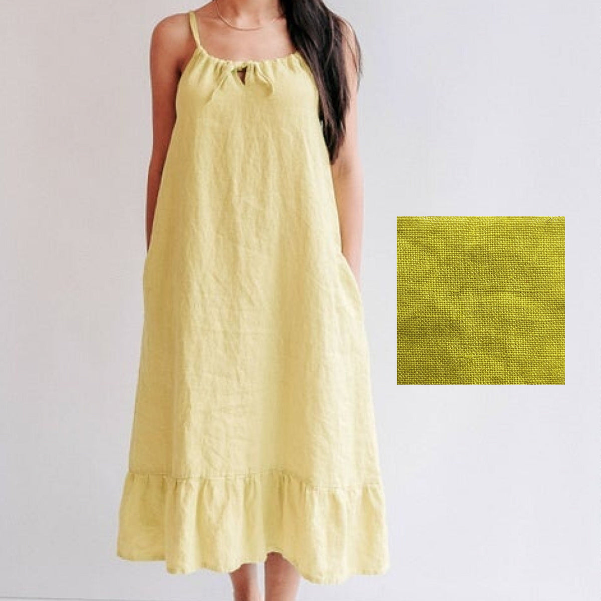 Ready to Ship: Drawstring dress with Ruffle &amp;quot;Eleonor&amp;quot; , Size M, Sleeveless Midi Dress, Pinafore Dress, Sundress Linen Dress for Woman