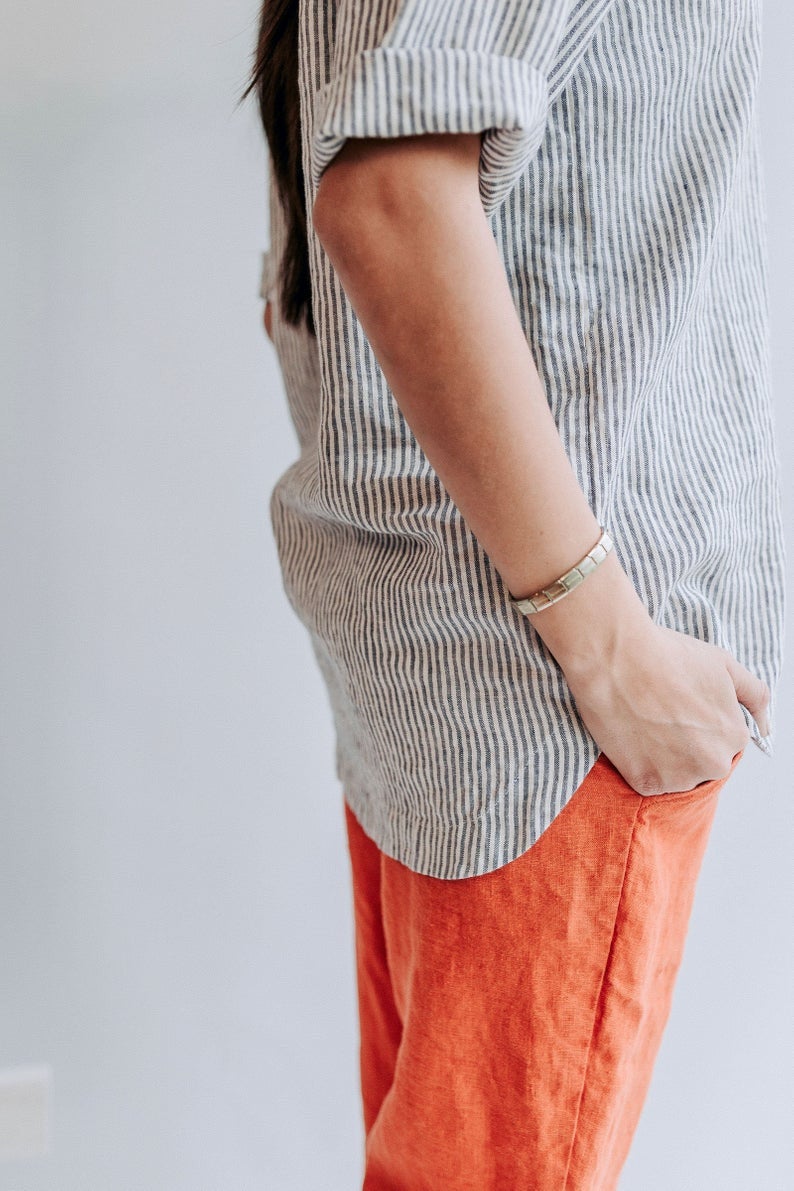 Ready to Ship: Linen Shirt for Women, Size L, Striped Linen Shirt, Womens Shirt, Linen Shirt, plus size shirt, Tunic Shirt, Linen Top