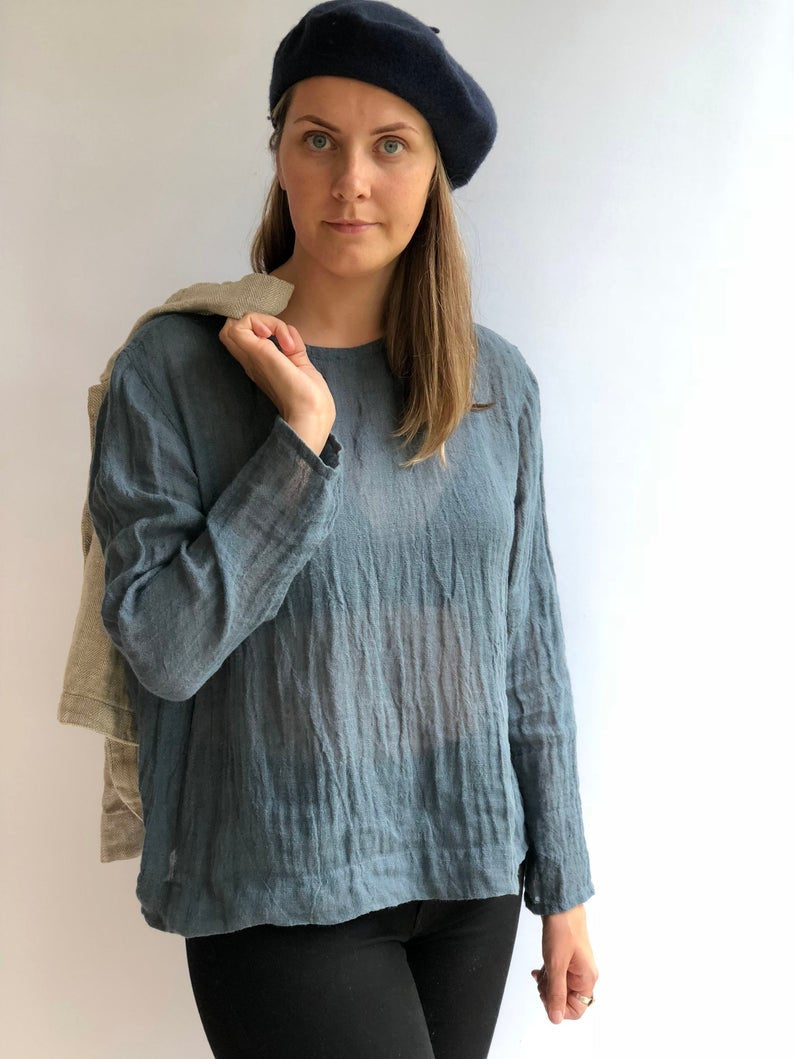 Ready to Ship: Linen Gauzy Shirt &amp;#39;Sophia&amp;#39; with Long Sleeves, Size L, Linen Blouse, Linen Gauze Shirt