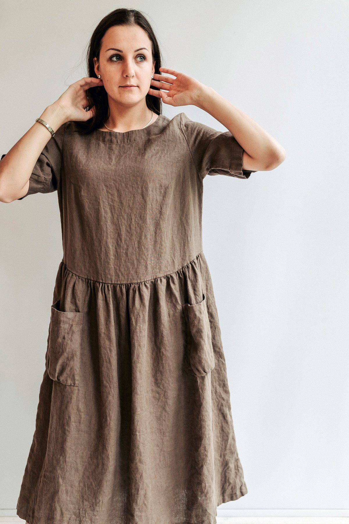 Loose Linen Dress "Jane" with Pockets, Midi length dress - Linenbee Loose Linen Dress "Jane" with Pockets, Midi length dress - Linenbee