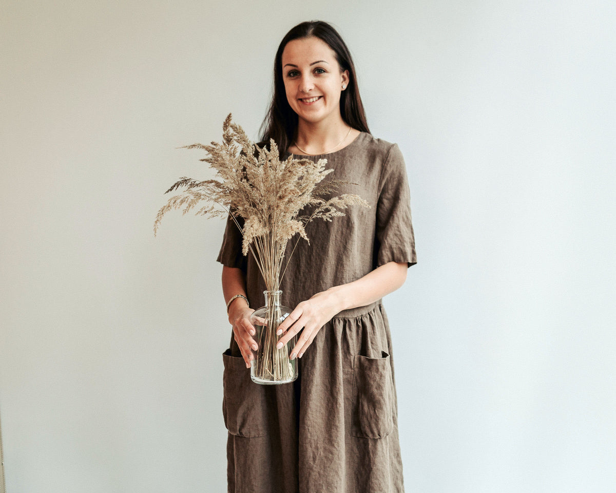 Loose Linen Dress "Jane" with Pockets, Midi length dress - Linenbee Loose Linen Dress "Jane" with Pockets, Midi length dress - Linenbee