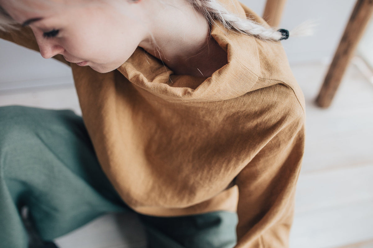 Long Sleeve Linen Tunic with Raised neck, Loose Linen Shirt, Linen Tunic Top, Plus size top, long sleeved shirt, Plus size women clothing