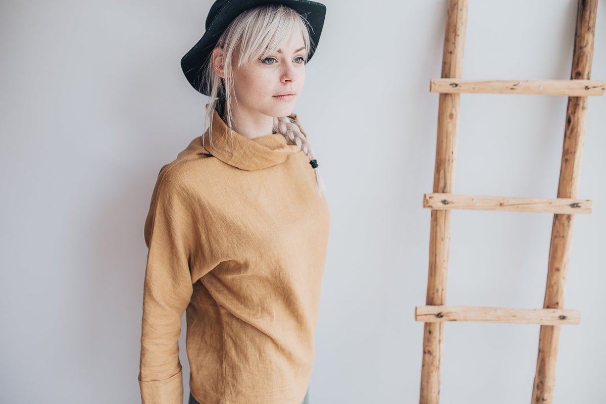 Long Sleeve Linen Tunic with Raised neck, Loose Linen Shirt, Linen Tunic Top, Plus size top, long sleeved shirt, Plus size women clothing