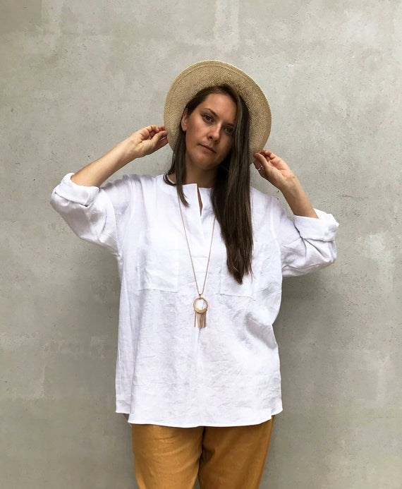 Ready to Ship: Loose Womens Shirt, Size L, Linen Shirt, Tunic Shirt, boyfriend shirt, summer shirt, light shirt, boho shirt