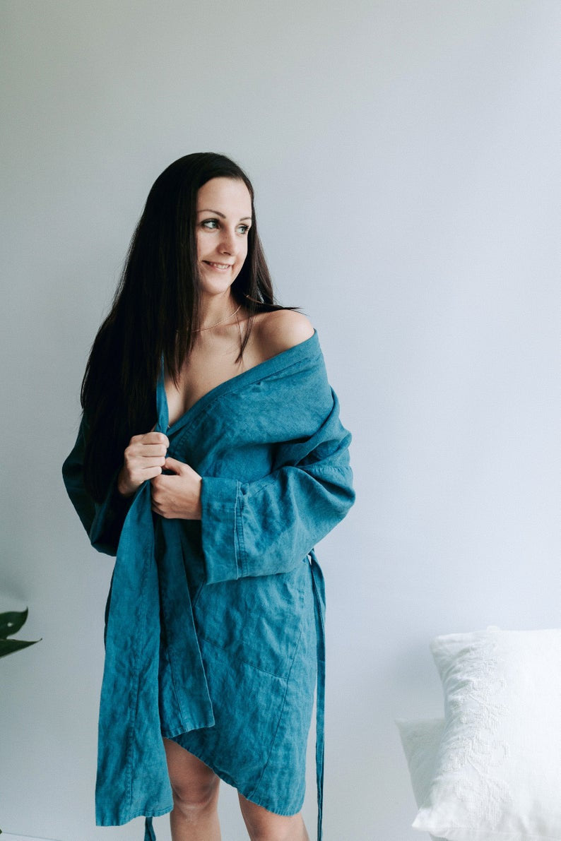 Ready to Ship: Size L/XL Linen robe, Linen bath robe, Linen sleep wear, Women robe, Soft Linen Robe Women, Robe for bride, Spa Robe