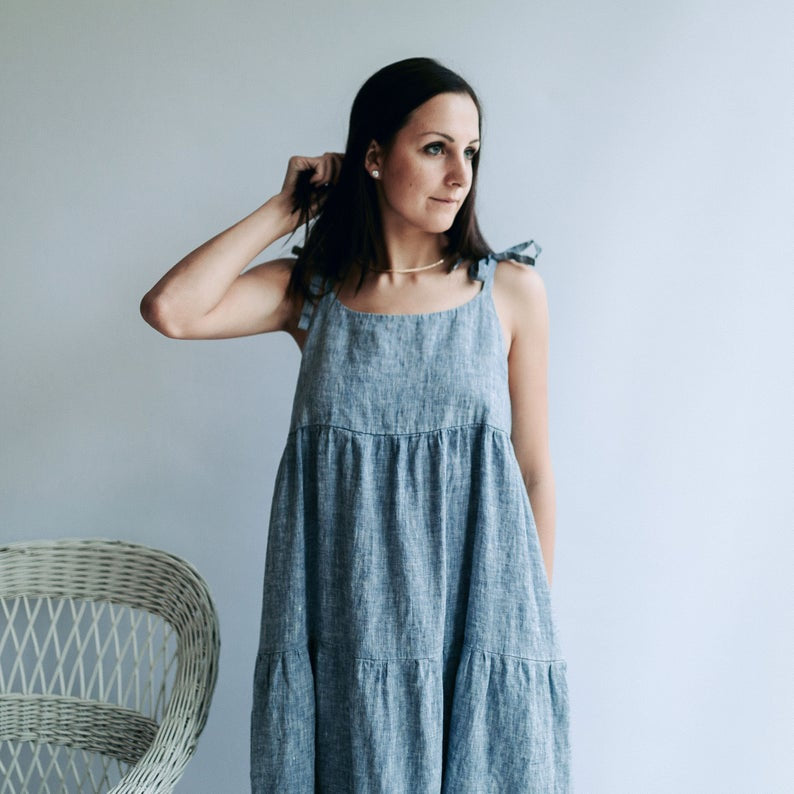 Ready to Ship: Prairie Dress &amp;quot;Elle&amp;quot;, Size L/M, Sleeveless Linen Maxi Dress, Pinafore Dress, Sundress Linen Dress for Woman