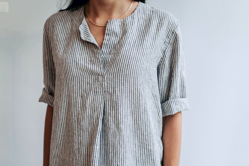 Ready to Ship: Linen Shirt for Women, Size L, Striped Linen Shirt, Womens Shirt, Linen Shirt, plus size shirt, Tunic Shirt, Linen Top