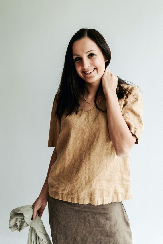 Ready to Ship: Linen Tops for Women, Size L/M, Linen T-shirt, Linen Top for Women, V Neck Top, T-shirt Linen, Linen Tee, Linen blouse