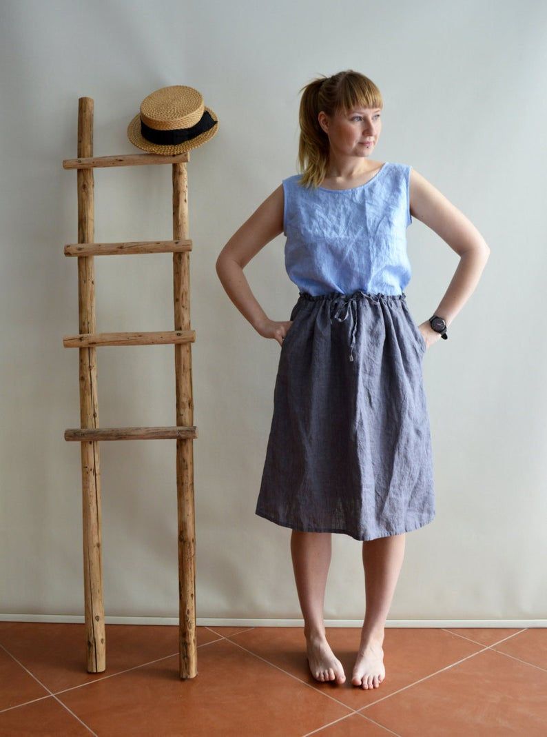 Ready to Ship: Linen Skirt, Size M/L, Midi Skirt, Skirt with Pockets, Boho Skirt, Custom Skirt, Plus size skirt, Skirts for Women