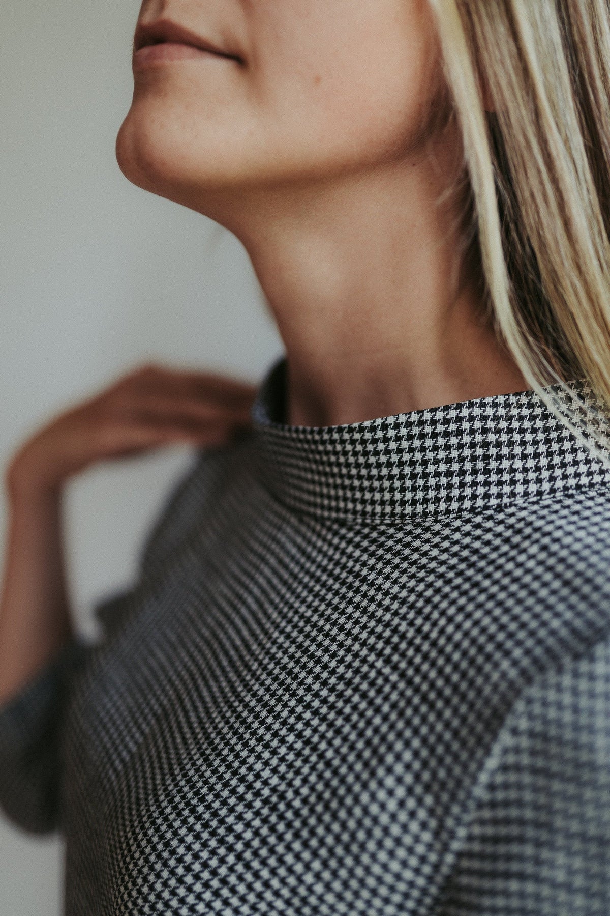 Houndstooth Top with Raised Mock Neck and 3/4 Sleeves &amp;#39;Caroline&amp;#39;