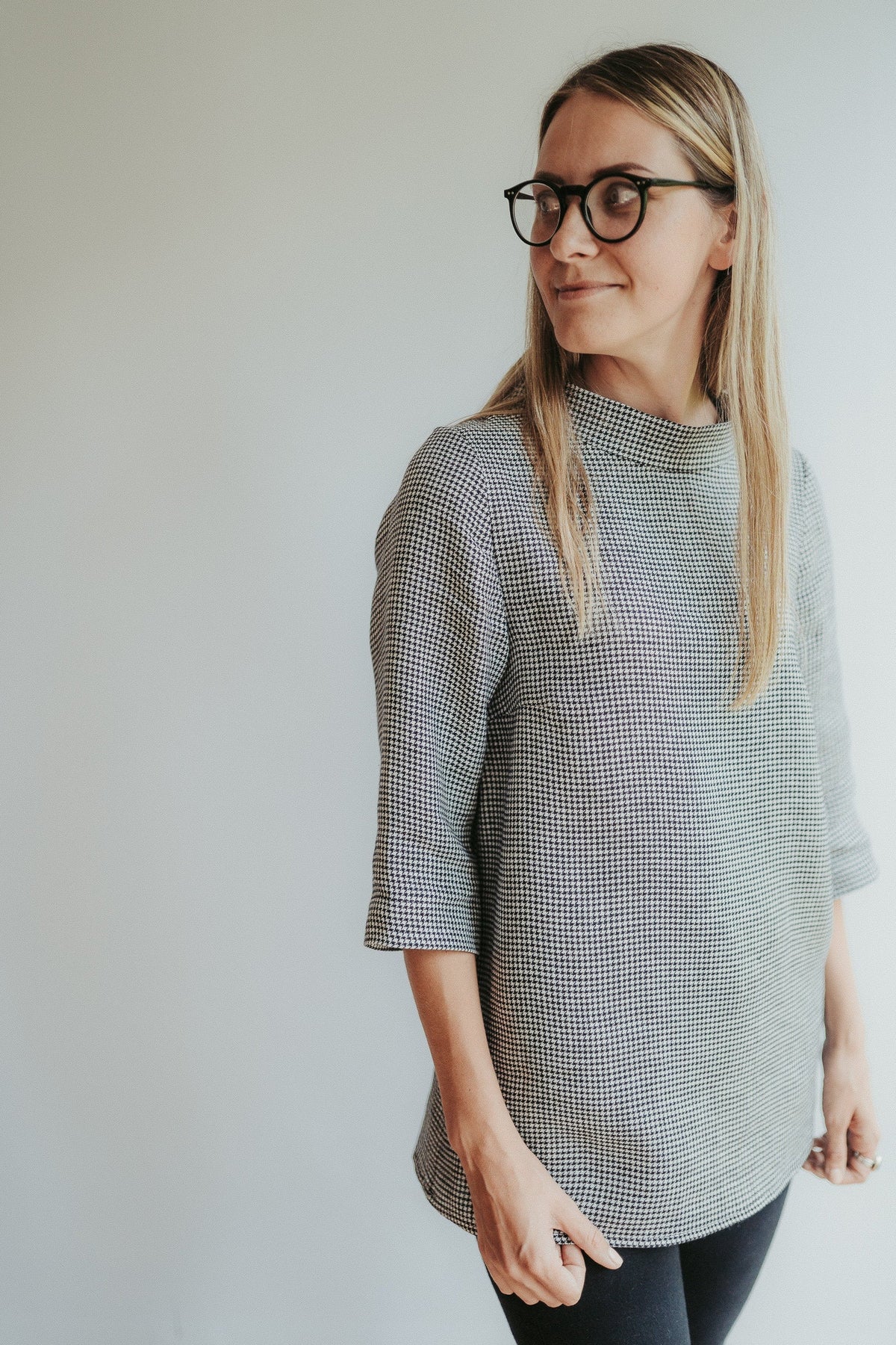 Houndstooth Top with Raised Mock Neck and 3/4 Sleeves &amp;#39;Caroline&amp;#39;
