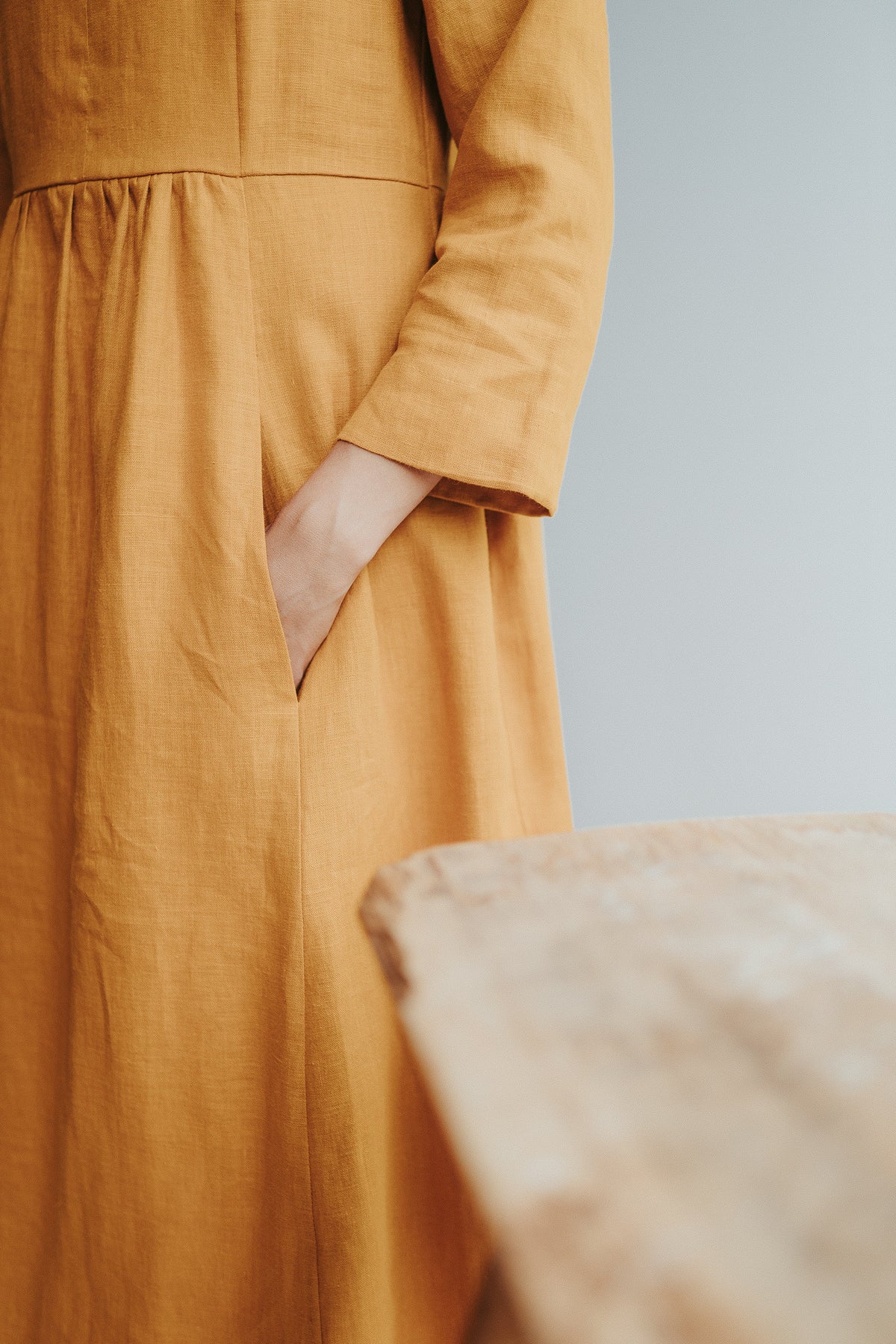 Linen Dress with 3/4 Sleeves and Princess Seams 'Delilah', Midi length - Linenbee Linen Dress with 3/4 Sleeves and Princess Seams 'Delilah', Midi length - Linenbee