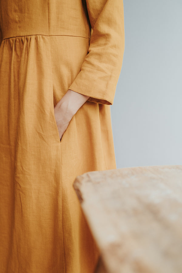 Linen Dress with 3/4 Sleeves and Princess Seams 'Delilah', Midi length - Linenbee Linen Dress with 3/4 Sleeves and Princess Seams 'Delilah', Midi length - Linenbee