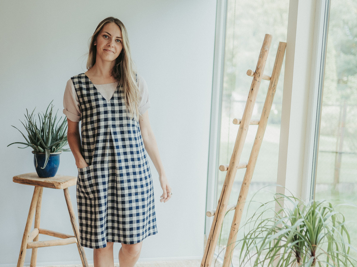 LINEN PINAFORE DRESS Plaid Dress, Tartan Dress, Vintage Style