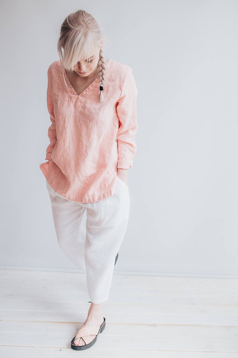 Ready to Ship:Linen Tunic Top with Long Sleeves, Size XL/XXL, V Neck Top, Linen Top Long Sleeved, Plus size shirt